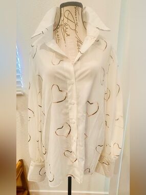 Women's White Heart Print Button-Up Shirt